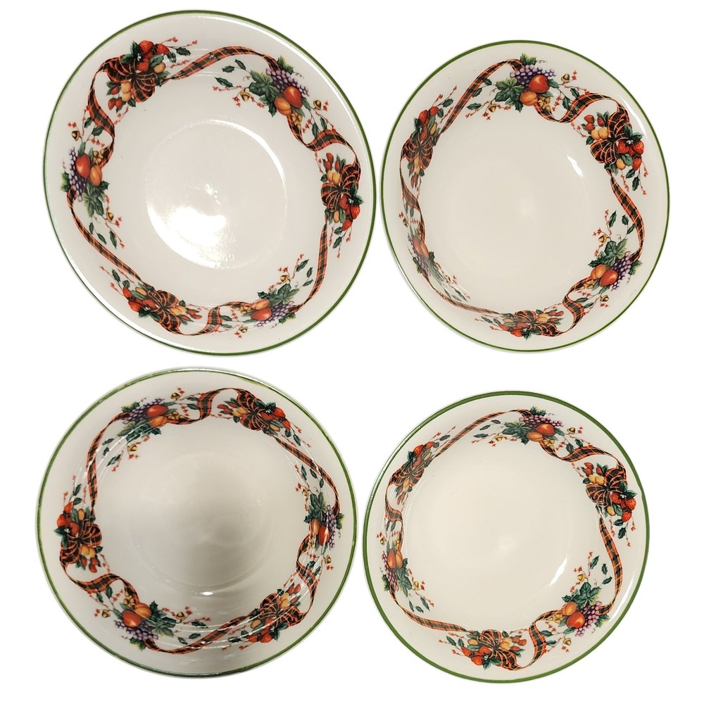 VTG William James Fine Stoneware Fruit Ribbon Bow  Holiday Set of 4 Bowls